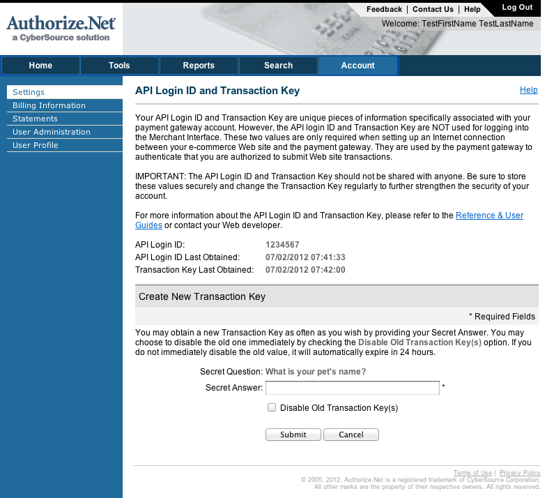 Authorize.net Console