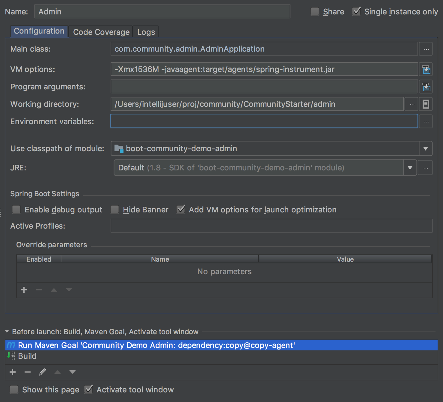 Admin Spring Boot Run Configuration